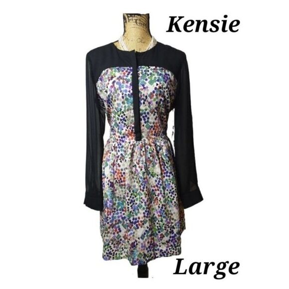 Women's Dress Sheer Sleeves Black Multi-Color Floral Versatile Dress Large NWT - Picture 1 of 8